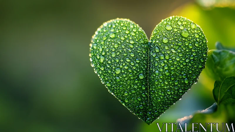 Macro botanical heart leaf with morning dew droplets focus.