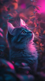 Neon twilight kitten gazing into a secret garden glow.
