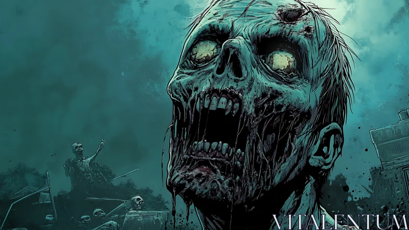 Decaying zombie head in close-up against teal sky.
