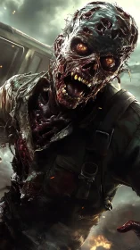 Decomposed humanoid figure with exposed skull and torn uniform.