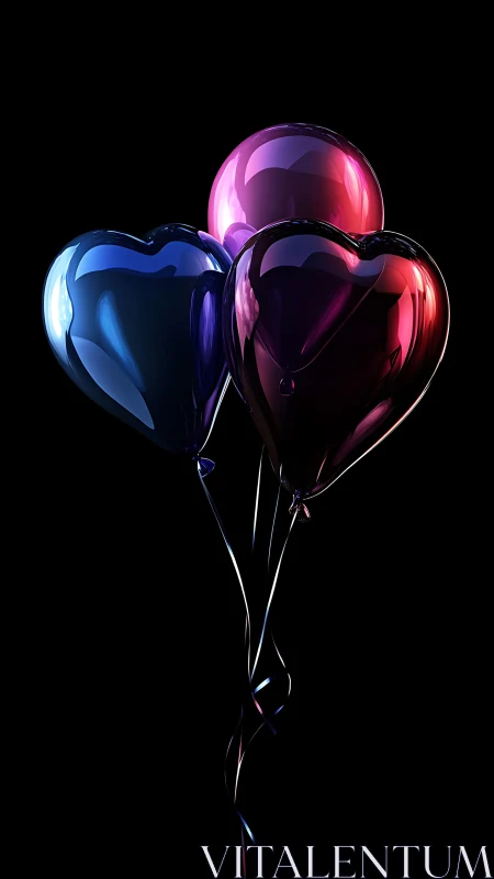Three Luminous Heart-Shaped Balloons Float Against Black Background