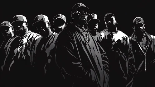 Hip-hop collective stands in stark monochrome spotlighted night