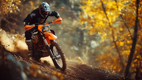 Motocross rider carves through golden autumn forest trail