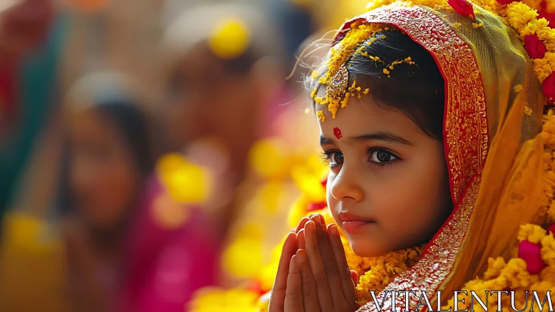 Young girl in traditional attire with folded hands prays