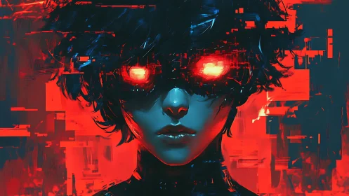 Cyberpunk portrait with red glitch fields and luminous visor.