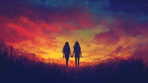 Digital painting of silhouetted friends in sunset gradient sky.
