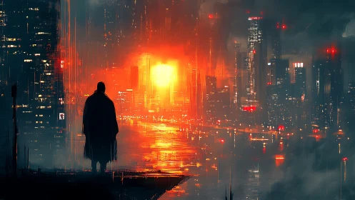 Lone figure watches a blazing cyberpunk city at dusk