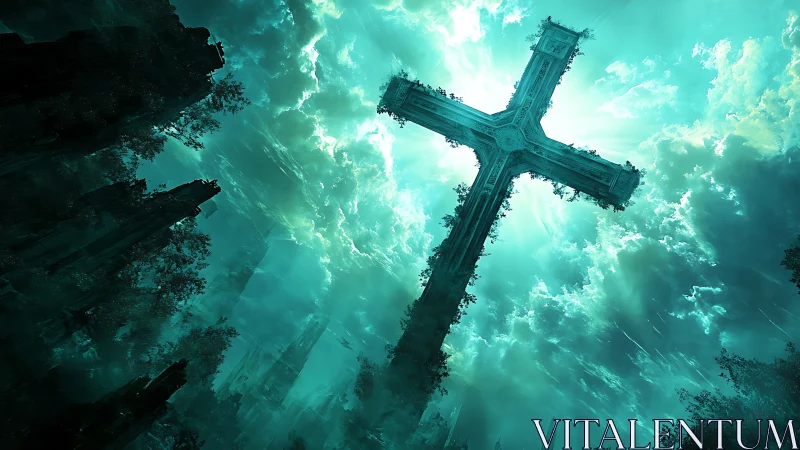 Colossal skyward cross dominates teal stormlit heavens.