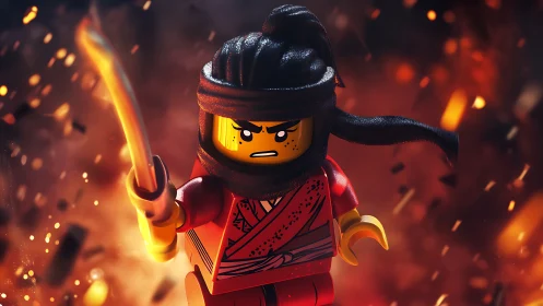 Lego fire ninja charges through sparks and molten dusk.