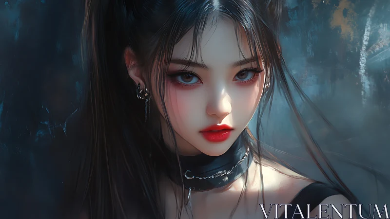 Nocturne siren with crimson gaze in misted neon gloom.