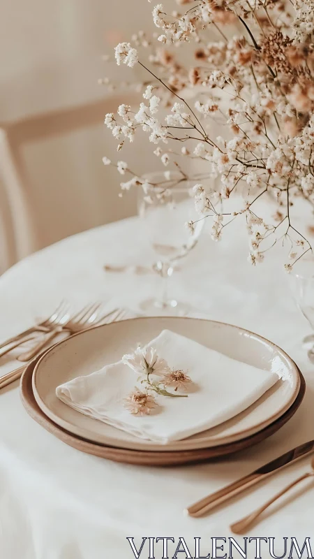 Minimalist wedding table setting with soft neutral florals.