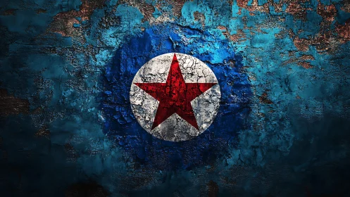 Weathered red star on textured blue cosmic backdrop.