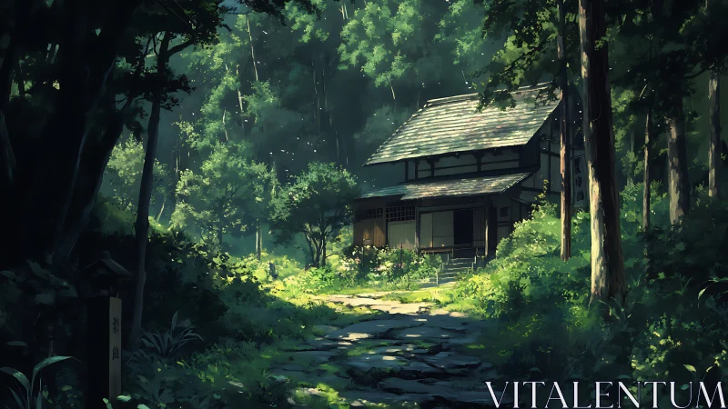 Japanese Shrine Nestled in Dense Forest Canopy.