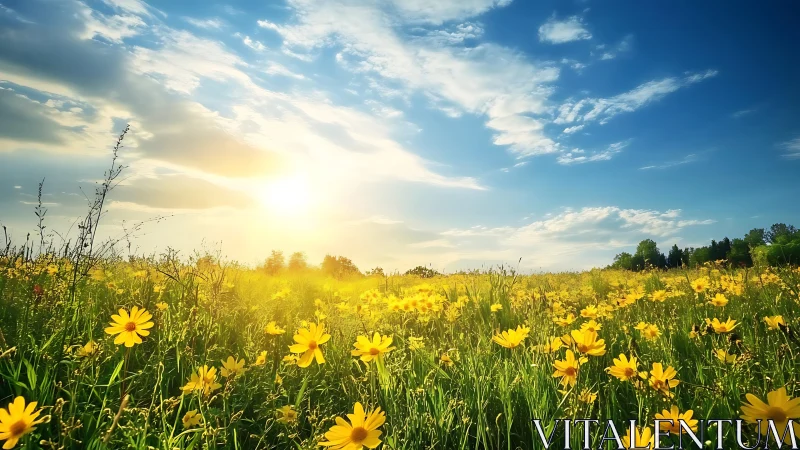 Sunlit yellow wildflower meadow extends under wide blue sky