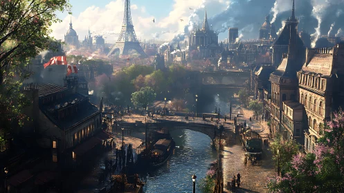 Digital painting of steampunk Parisian canal under spring light.