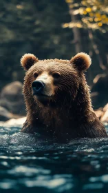 Brown bear in forest river with shallow depth of field.