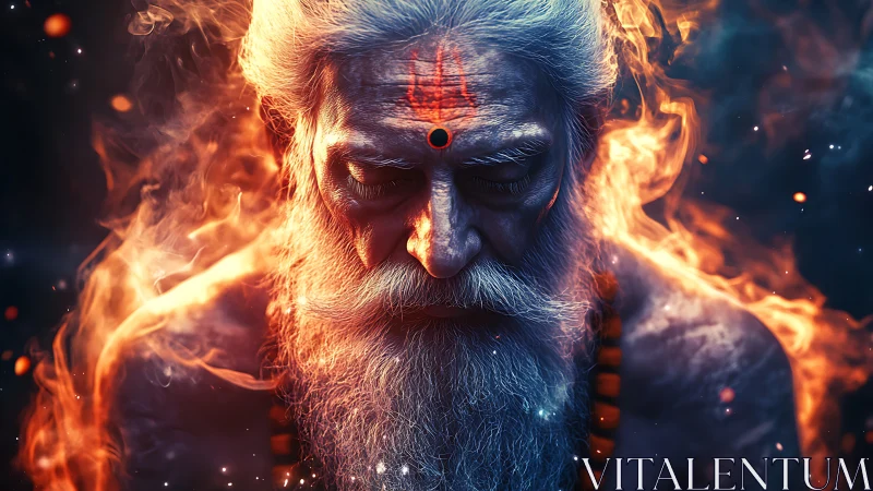 Ascetic elder engulfed in spectral fire under cosmic glow