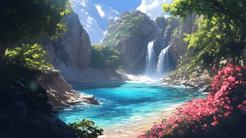 Turquoise cove and twin falls under storybook sunlight.