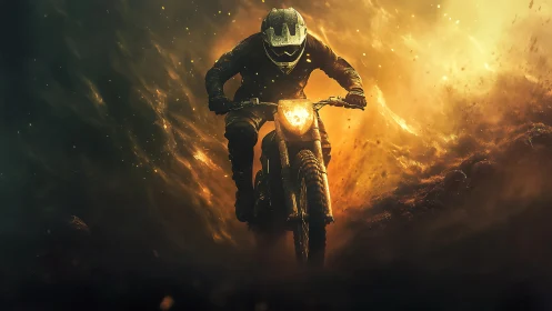 Motocross rider accelerates through glowing dust and smoke