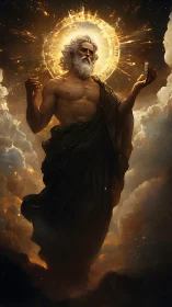 Storm-forged elder strides through blazing celestial halo