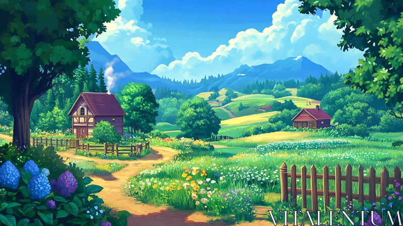 Sunlit rural cottages overlook vibrant summer valley fields.