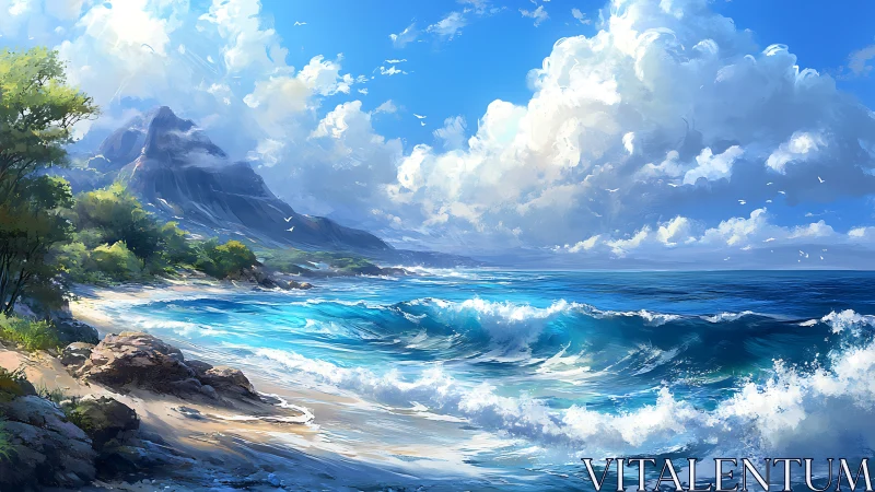 Digital seascape vista with luminous surf and cloud massing.