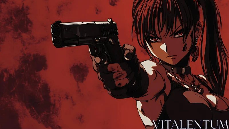 Female anime gun wielder points handgun toward viewer