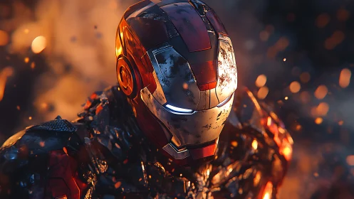 Battle damaged red metal suit helmet glows amid rising embers