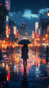 Silhouetted figure with umbrella on wet neon city street at night.