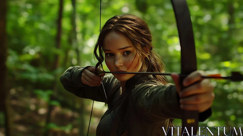 Focused forest archer in mid-draw under diffuse green light.