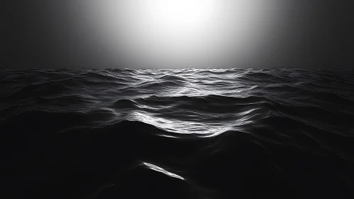Monochrome ocean horizon in high-contrast photorealistic rendering.