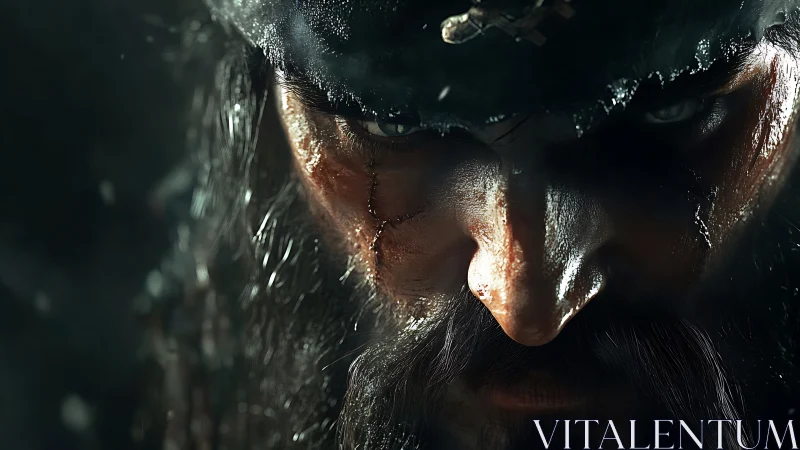 Close-up digital portrait of scarred bearded male face.