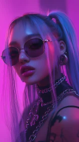 Neon lit style icon glows in soft cyberpunk pink and violet light