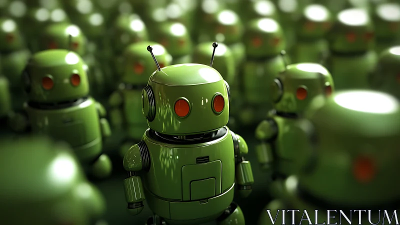 Green toy robot stands out within blurred metallic crowd