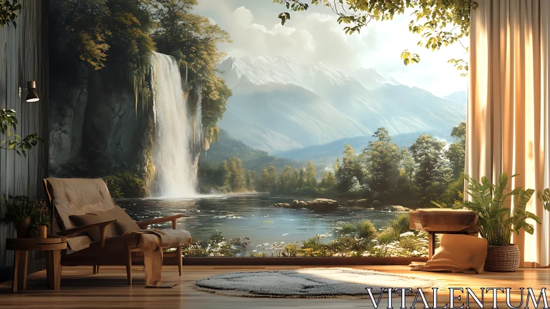 Interior lounge merging with photoreal mountain lake panorama