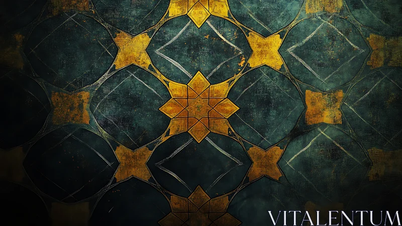 Geometric star lattice with worn teal and gold pattern.