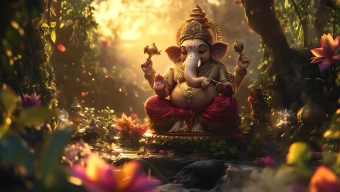 Sunlit forest Ganesha statue quietly orchestrates golden calm