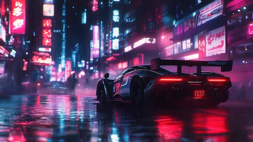 Sleek night racer gliding through neon soaked city streets.