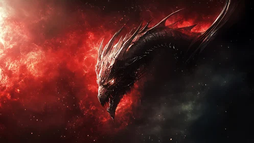 Cosmic fire dragon coils through a storm of red nebulae.