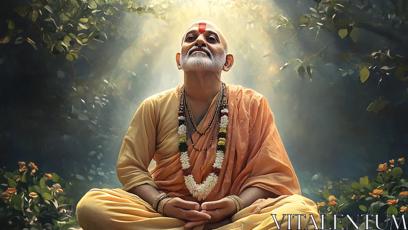 Elderly monk in saffron robes meditates under radiant forest light