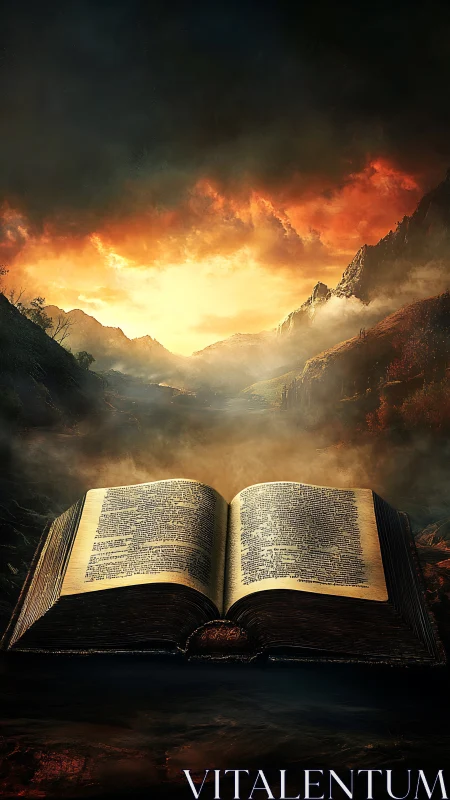 Ancient illuminated book before fiery mountain horizon.