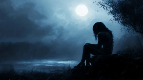 Solitary silhouette by moonlit lakeshore in rainy blue night.