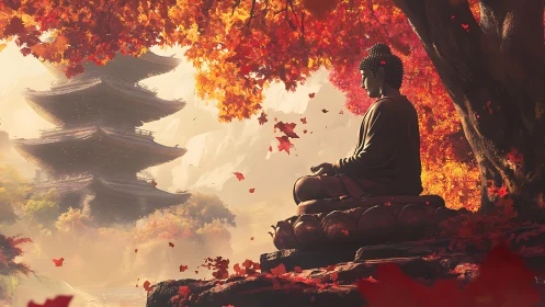 Buddha statue amid red autumn leaves and distant pagoda.