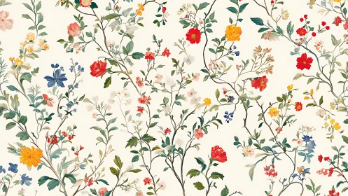 Intricate botanical pattern shows climbing wildflowers on cream