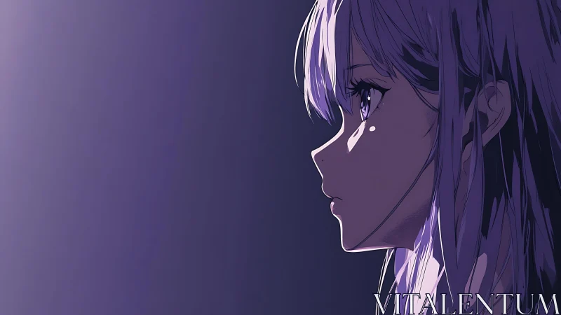 Violet haired anime girl gazes into a calm twilight void