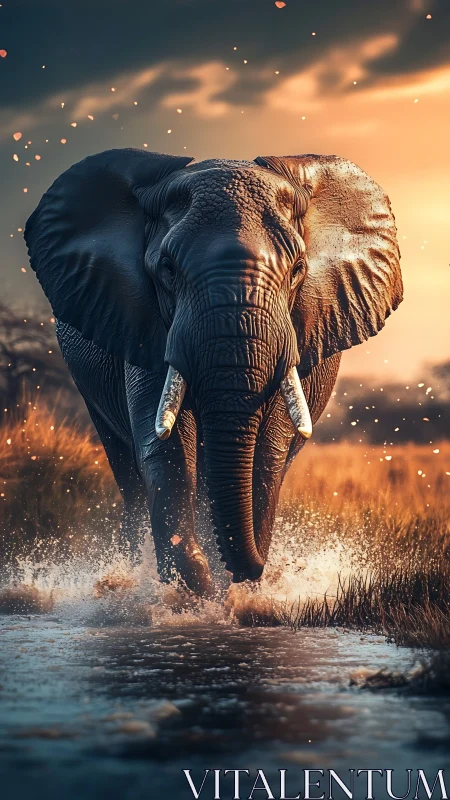 Stormstride elephant charges through sunset river firelight.