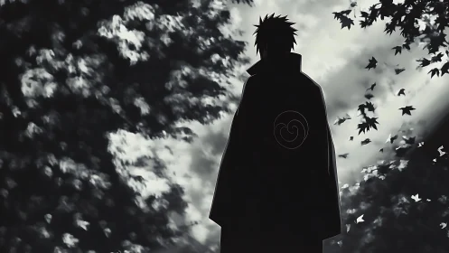 Silhouetted cloaked figure stands under cloudy sky at dusk