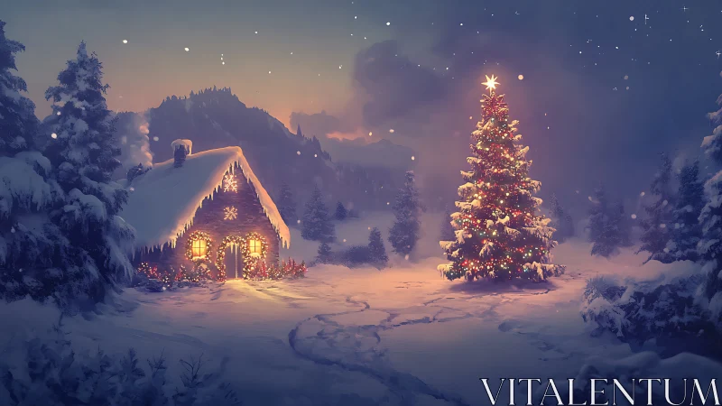 Snowy cabin and glowing Christmas tree under winter night
