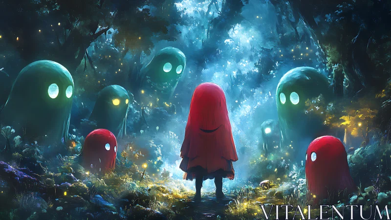 Red cloaked wanderer meeting gentle forest ghosts at dusk.