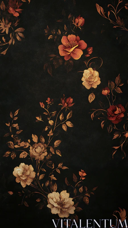 Dark background contains scattered stylized floral branches